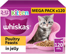 120 x 85g Whiskas Kitten Poultry Feasts Mixed Wet Cat Food Pouches in Jelly