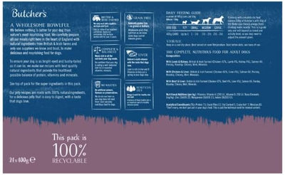 Butcher's Complete Wet Can Grain Free Hypoallergenic Adult Dog Food Recipes in Jelly Pack 24x400g - Chicken, Beef & Lamb