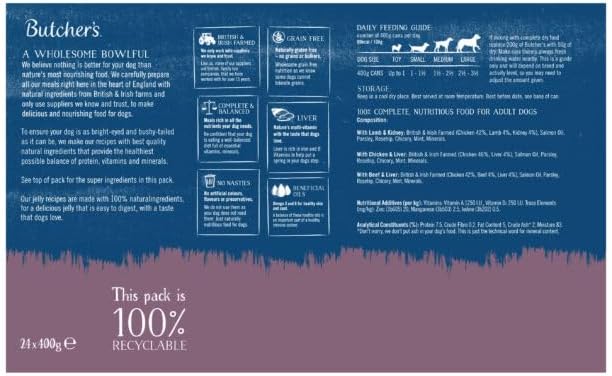 Butcher's Complete Wet Can Grain Free Hypoallergenic Adult Dog Food Recipes in Jelly Pack 24x400g - Chicken, Beef & Lamb