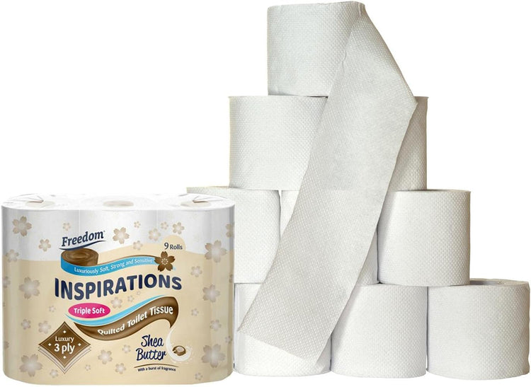 Freedom Inspirations Luxury 3Ply Toilet Roll - 45 Quilted Shea Butter Triple Soft and Scented Hygiene Bulk White Toilet Tissue and Loo Rolls