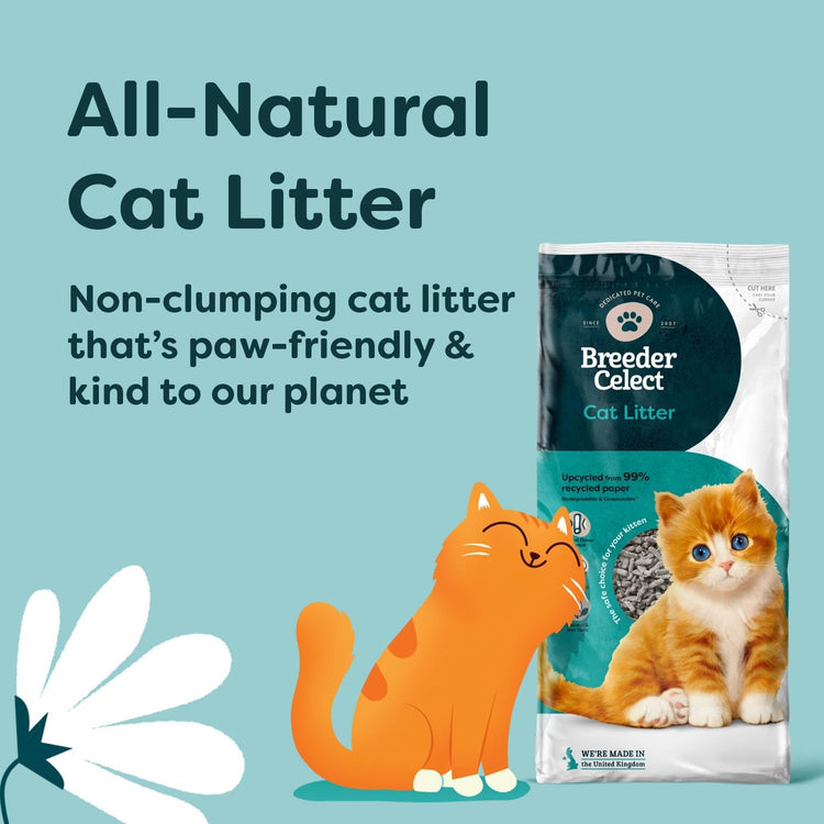 Breeder Celect All-Natural Cat Litter (30L) – 99% Recycled Paper, Highly Absorbent Kitten Cat Litter/Bedding, Excellent Odour Control, Non-Clumping, Biodegradable & Compostable