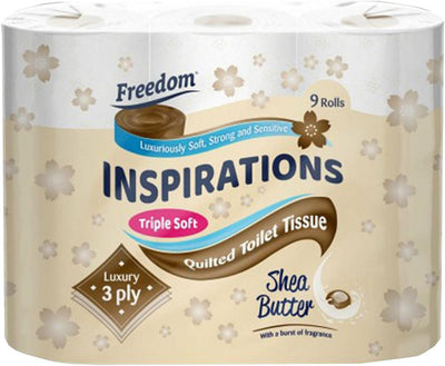 Freedom Inspirations Luxury 3Ply Toilet Roll - 45 Quilted Shea Butter Triple Soft and Scented Hygiene Bulk White Toilet Tissue and Loo Rolls