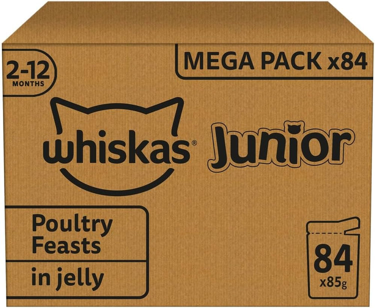 whiskas Junior Poultry Selection in Jelly 84 Pouches, Wet Kitten and Cat Food, Selection of Chicken, Duck, Poultry and Turkey, Megapack (84 x 85 g)