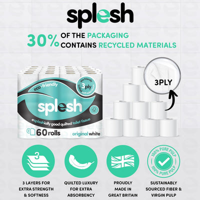 Splesh by Cusheen 3-ply Toilet Roll - Unscented (60 Pack) Soft, Quilted Bulk Toilet Rolls, Toilet Tissue and Loo Rolls – Eco-Friendly Toilet Paper Sustainably Crafted in The UK