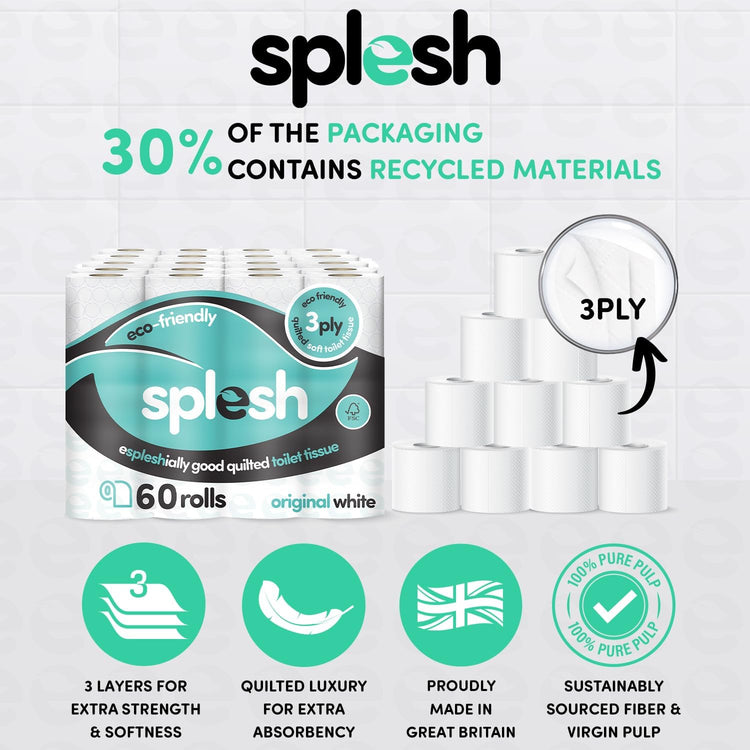 Splesh by Cusheen 3-ply Toilet Roll - Unscented (60 Pack) Soft, Quilted Bulk Toilet Rolls, Toilet Tissue and Loo Rolls – Eco-Friendly Toilet Paper Sustainably Crafted in The UK