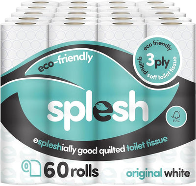 Splesh by Cusheen 3-ply Toilet Roll - Unscented (60 Pack) Soft, Quilted Bulk Toilet Rolls, Toilet Tissue and Loo Rolls – Eco-Friendly Toilet Paper Sustainably Crafted in The UK