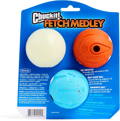 ChuckIt! Fetch Medley Gen 1 Rubber Dog Balls, The Whistler, Max Glow & Rebounce Balls for Dogs, Durable High Bounce Launcher Compatible Dog Toy, Medium, 3 Pack