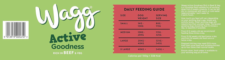 Wagg Active Goodness Complete Dry Adult Dog Food Beef & Veg 12kg - For All Active Working Dog Breeds (Pack of 2)