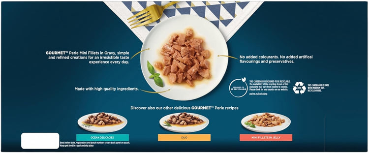 GOURMET Perle Chef's Collection Adult Wet Cat Food Mini Fillets in Gravy Variety Turkey, Tuna, Duck, Lamb 40 x 85g Pouches