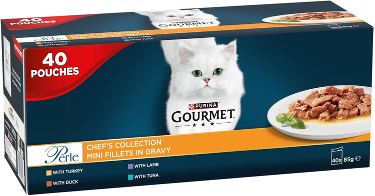 GOURMET Perle Chef's Collection Adult Wet Cat Food Mini Fillets in Gravy Variety Turkey, Tuna, Duck, Lamb 40 x 85g Pouches
