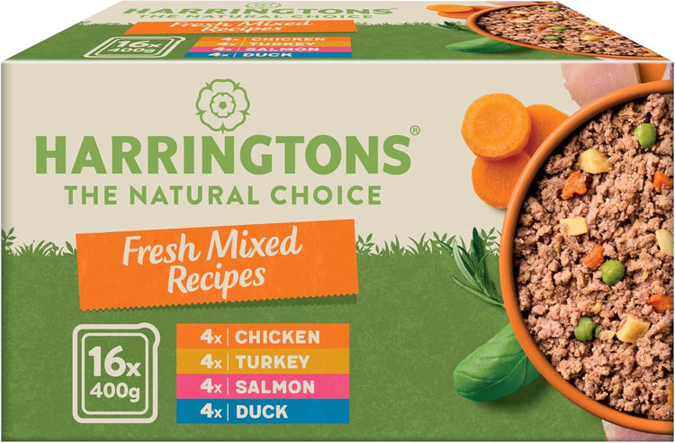 Harringtons Complete Wet Tray Grain Free Hypoallergenic Adult Dog Food Mixed Bumper Pack 16x400g - Chicken, Salmon, Turkey & Duck - Made with All Natural Ingredients, Packaging May Vary