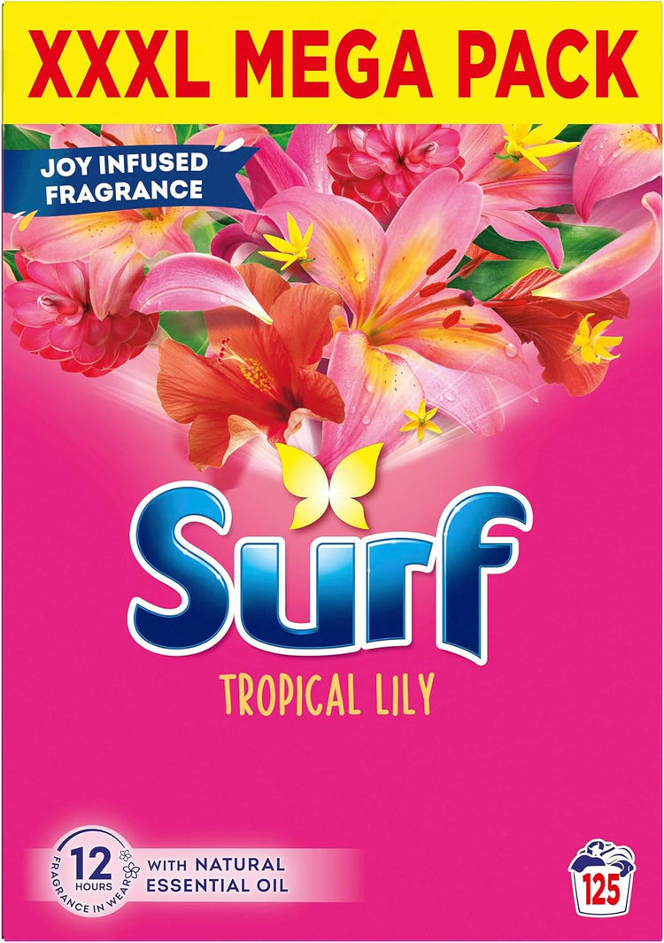 Surf Tropical Lily Washing Powder joy-infused fragrance with natural essential oil lasting up to 12 hours in wear for brilliantly clean laundry every time 125 washes 6.25 kg
