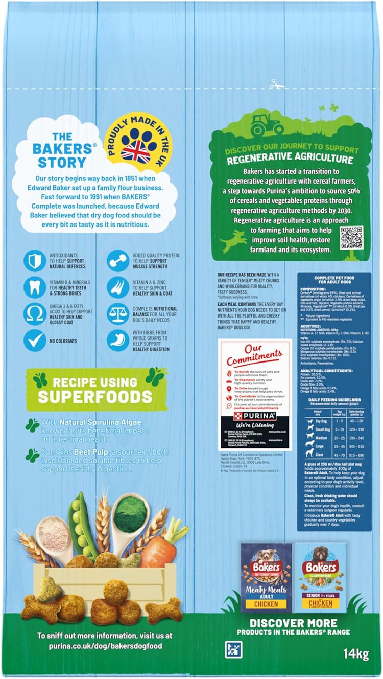 Bakers Adult Dry Dog Food Chicken and Veg 14 kg, Packaging May Vary