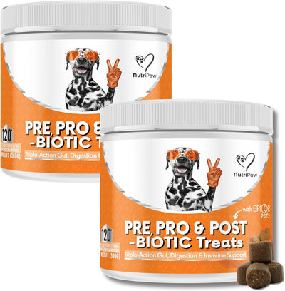 NutriPaw Pre & Probiotic Treats For Dogs - Gut & Digestive Health, Sensitive Tums, Anal Glands & Bum Scooting, Loose Stools, Waxy, Smelly & Itchy Ears, Digestive Enzymes - Twin Value Pack