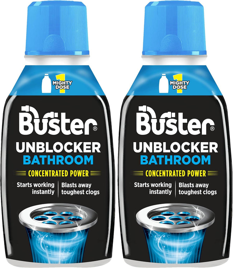 Buster Bathroom Drain Unblocker 300ml, Pack of 2 – Sink Unblocker Removes Hair & Sludge in Showers, Baths & Sinks. Fast-Acting Shower Drain Unblocker Clears Blockages & Slow-Draining Water