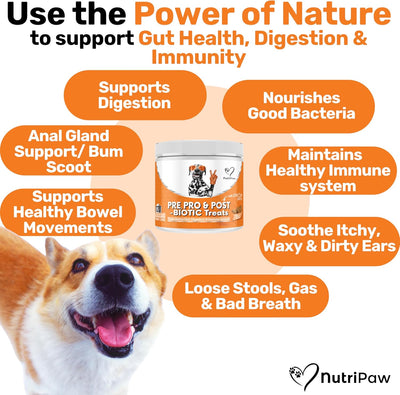 NutriPaw Pre, Pro & Postbiotic Treats For Dogs - Gut & Digestive Health, Sensitive Tums, Anal Glands & Bum Scooting, Loose Stools, Waxy, Smelly & Itchy Ears, Digestive Enzymes