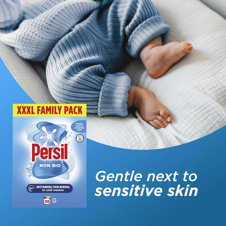 Persil Non Bio Washing Powder XXXL Family Pack 100% recyclable pack for stain removal that's gentle next to sensitive skin 130 Wash 6.5 kg