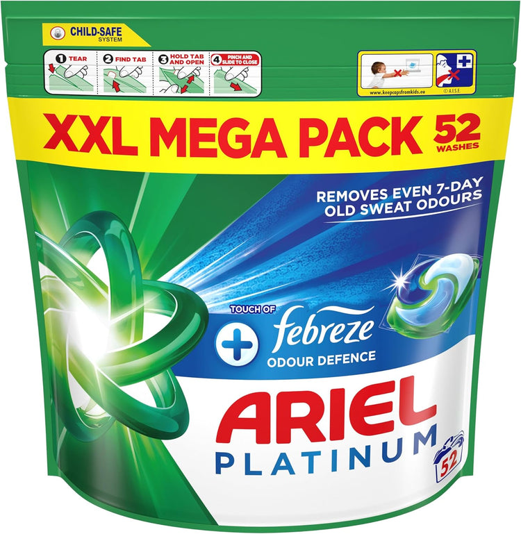 Ariel Platinum PODS, Washing Liquid Laundry Detergent Capsules 52 Washes, +Touch Of Febreze Odour Defencel, Removes 7-old sweat odours (Packaging may vary)