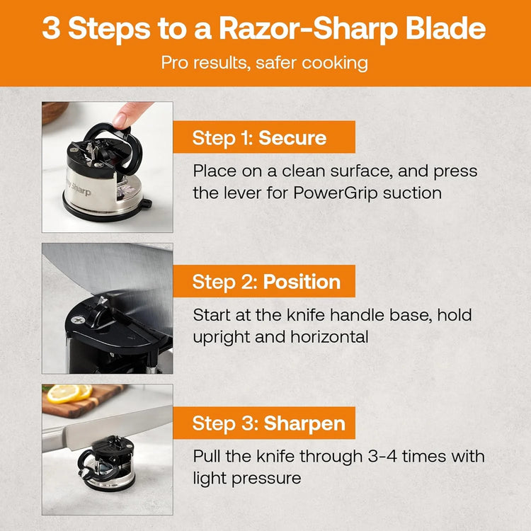 AnySharp Knife Sharpener, Hands-Free Safety, PowerGrip Suction, Safely Sharpens All Kitchen Knives, Ideal for Hardened Steel