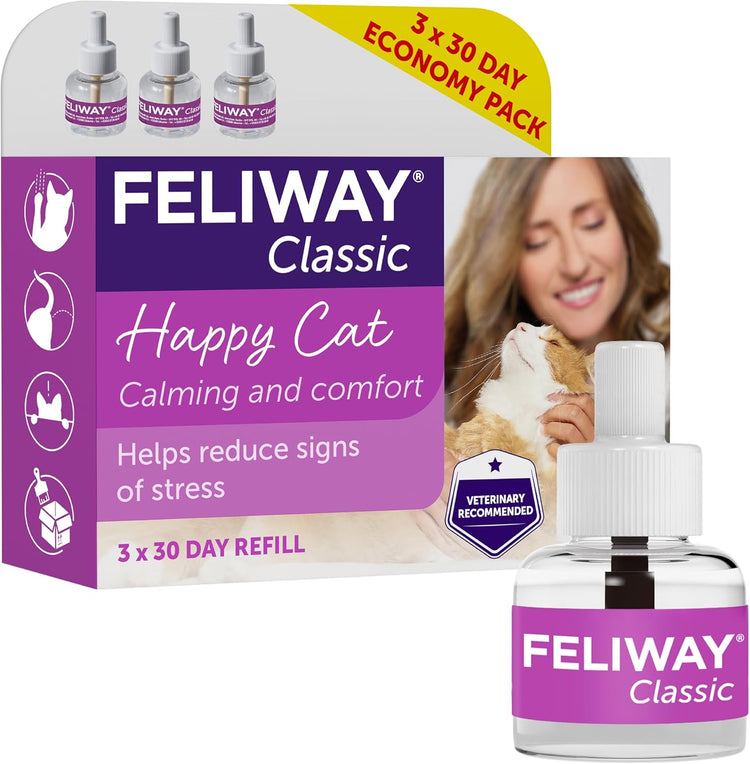 FELIWAY Classic 3 x 30 Day Cat Calming Odourless Refills for Pheromone Diffuser, 3 x 48ml - Helps Solve Common Signs of Stress in Cats & Kittens, Veterinary Recommended, Drug-free, Clinically Proven