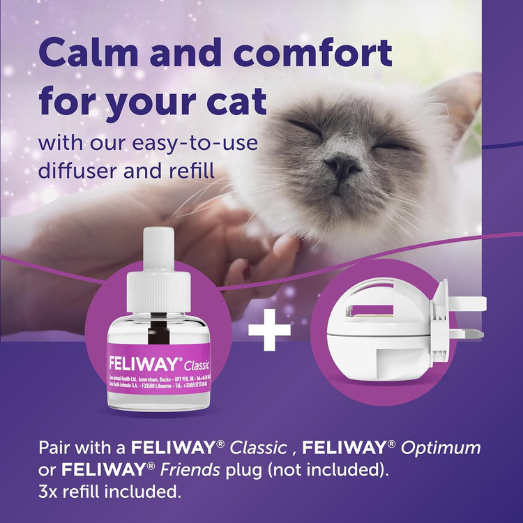 FELIWAY Classic 3 x 30 Day Cat Calming Odourless Refills for Pheromone Diffuser, 3 x 48ml - Helps Solve Common Signs of Stress in Cats & Kittens, Veterinary Recommended, Drug-free, Clinically Proven