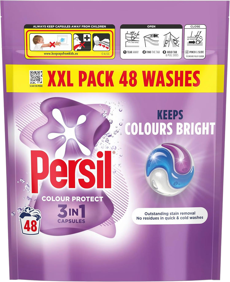 Persil Colour Protect 3 in 1 Washing Capsules keeps colours bright outstanding stain removal in quick & cold washes 48 washes
