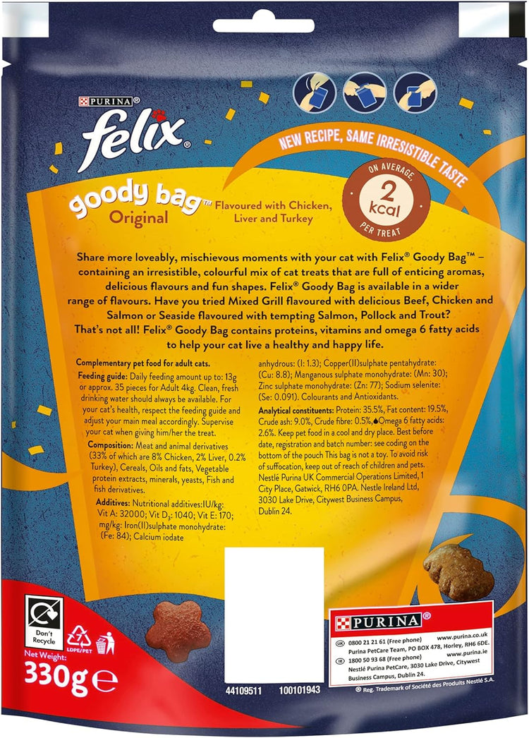 FELIX Goody Bag Original Chicken, Liver and Turkey Cat Treats 330g (Pack of 5)